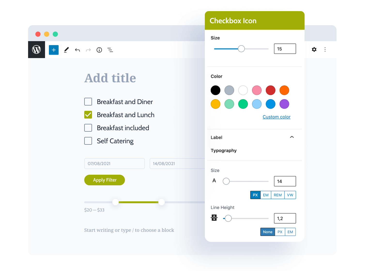 JetSmartFilters style settings in Gutenberg